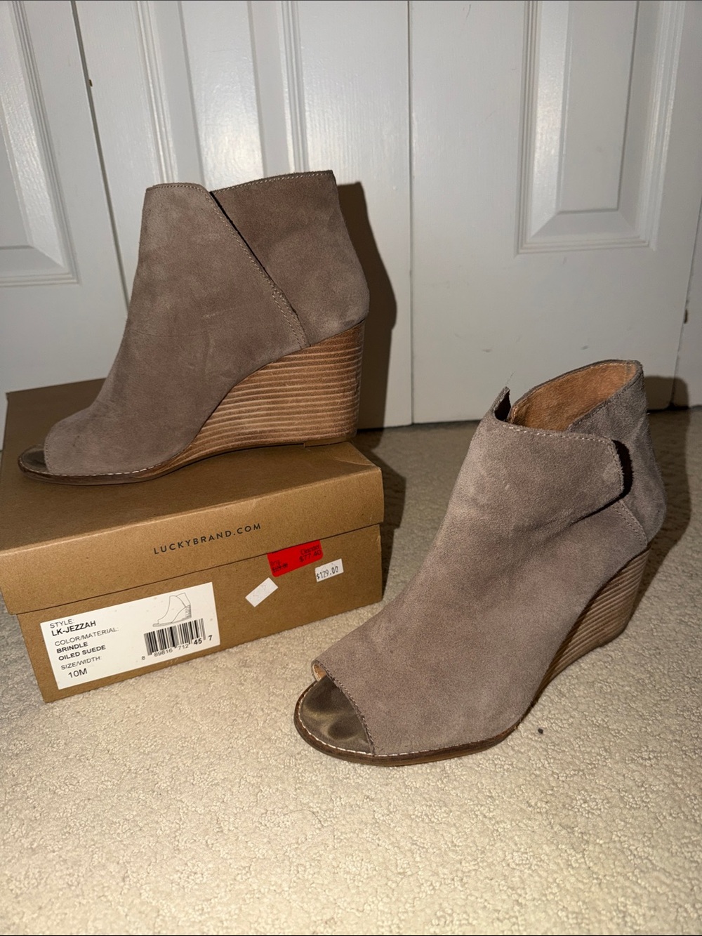 Lucky Brand Taupe Suede Open-Toe Wedge Booties